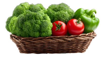 Fresh Vegetables in a Basket with Broccoli, Tomatoes, and Pepper