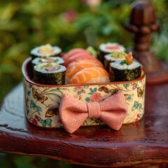 Decorative sushi box with a bow tie.  Floral patterned box, holding various sushi rolls and pieces of sashimi.  Pink bow tie rests on the box's edge.  Outdoor setting, blurred garden background