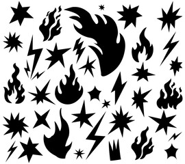 Crayon lightning, fire, and star doodle shapes set. Hand-drawn charcoal graffiti, punk pencil, and simple scribble element. Flash lightning fire star pastel punk rock vector grange illustration