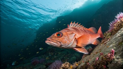 Naklejka premium A reddish-orange Ocean Perch (Sebastes sp.) hovering near a sponge-covered rocky reef in its deep cold-water environment.