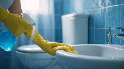 Woman cleaning bathroom toilet and sink, maintaining hygiene and sanitation at home. Concept of household chores, cleanliness, and daily routine in modern interior.