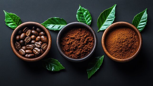 Three wooden bowls, coffee beans, ground coffee, and green leaves on black surface