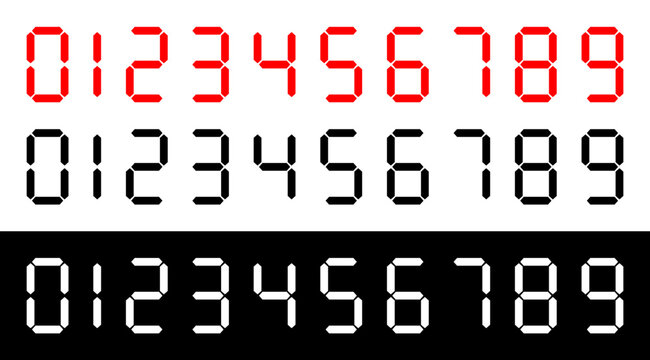 Zero to Nine digital electronic clock numbers vector set. LCD LED digit set for the counter, clock, calculator, watch, timer, alarm etc...