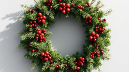 Festive Wreath: A vibrant, handcrafted wreath adorned with lush green foliage and bursts of crimson berries, casting a cheerful vibe and embodies the warmth of the season.