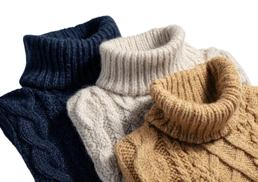 Three warm cable-knit turtlenecks stacked casually
