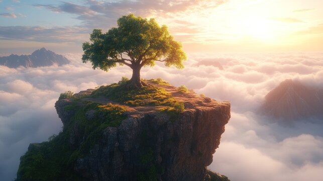 Tree atop floating mountaintop, sunrise