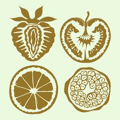Fresh Fruit half slice cut out clip art vector medley of sliced fruit showcases a strawberry, apple, orange and pomegranate, each halved to reveal their colorful interiors and intricate details.
