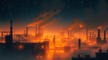 Industrial Nocturne: The cityscape blazes with the fiery hues of industry, clouds billowing from the smokestacks under a night sky, illustrating industrial might.
