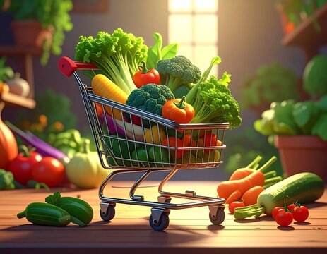 Shopping cart overflowing with fresh, vibrant vegetables, sunlight