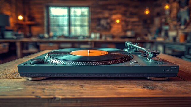 Turntable on rustic wooden table in a room with a window