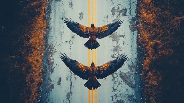 Two birds of prey mirrored over a cracked road - Powered by Adobe