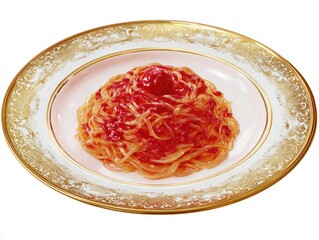 A mound of pasta, coated in a vibrant red sauce, sits on a decorative, ornate plate
