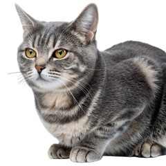 Obraz premium Portrait of a Tabby Cat with Yellow Eyes and Grey Fur Sitting Still Against a Transparent Background with Soft Studio Lighting