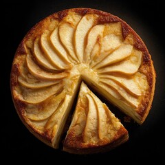 A round, golden-brown pear tart, with sliced pears radiating outward, sits on a dark surface. A slice is removed, revealing the custard-like interior