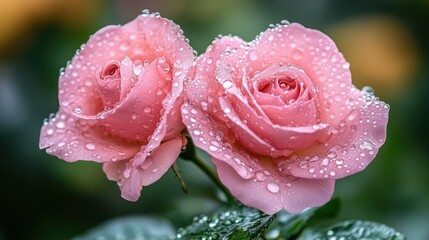 Two pink roses, covered in dew drops, close-up