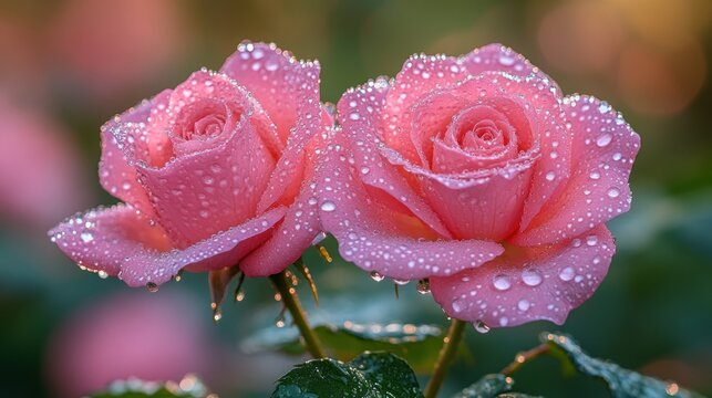 Two pink roses with dew drops