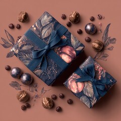 Two gift boxes, navy blue with floral and botanical patterns, nestled amidst coffee beans and nuts, on a muted rose-brown background.  Dark navy blue ribbon bows complete the gifts