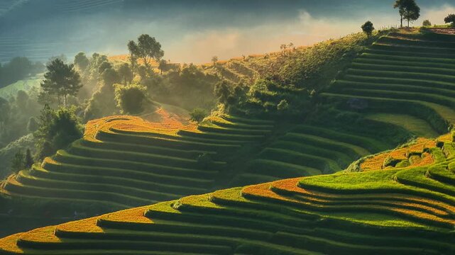 Aerial view of golden rice terraces at Mu Cang Chai town near Sapa city, North of Vietnam. Beautiful terraced rice field in harvest season in Yen Bai province. Travel and landscape concept.