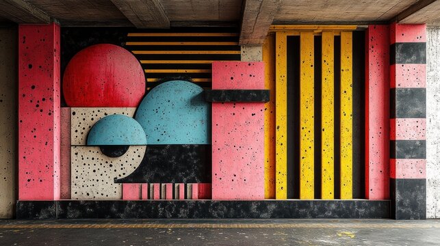 Vibrant geometric mural in industrial space