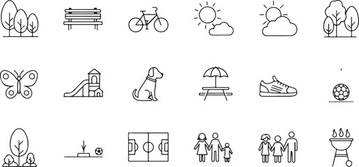 Park Icons Collection: A curated collection of minimalistic line art icons representing essential elements found in a vibrant park setting. perfect for use in design projects.