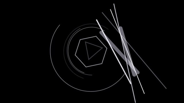 Abstract geometric composition featuring a central hexagon with an inscribed triangle, surrounded by curved and straight lines on a black background