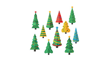 A festive collection of various decorated Christmas trees in a flat, cartoon vector style, perfect for holiday and New Year designs