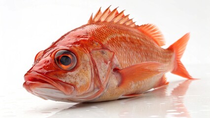 Photorealistic studio portrait of a reddish-orange Ocean Perch (rockfish or redfish) isolated on a clean white background.