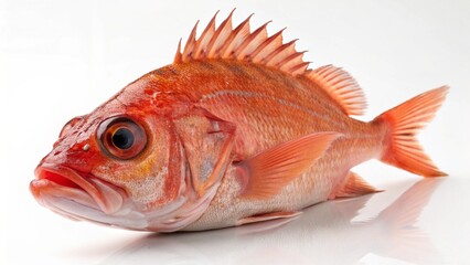 Fototapeta premium Photorealistic studio portrait of a reddish-orange Ocean Perch (rockfish or redfish) isolated on a clean white background.