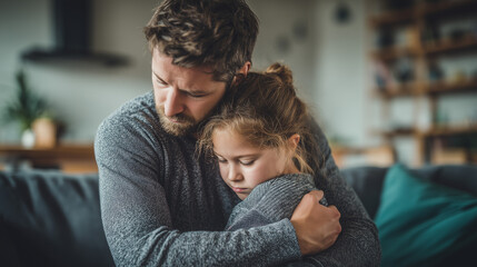 Father gently comforting his sad daughter at home, showing love, care, and emotional support, capturing a tender family moment of bonding and compassion.