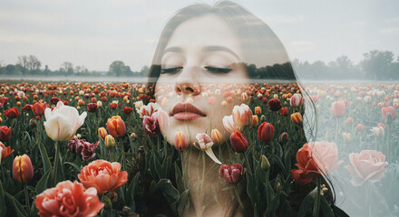 Young woman with closed eyes in tulip field during spring  