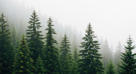 Misty forest scene showcases nature's beauty in green with tall trees and fog