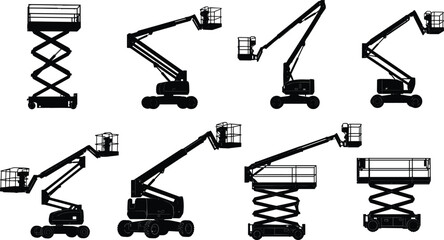 Aerial lift, boom lift, scissor lift, construction equipment, industrial access, silhouette vector, platform lift, illustration, machinery, flavector © stock i