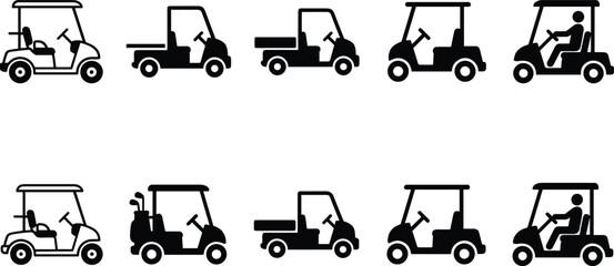 Golf cart icon set, silhouette vector, utility and passenger styles, black and white, transportation symbols, golf course vehicle illustrations, editable graphic elements – flavector ©  FIROZ