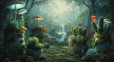Enchanted garden with colorful plants and mushrooms in lush forest  