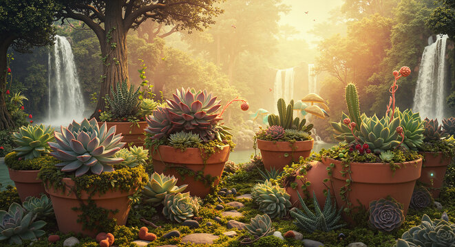 Lush garden with potted succulents surrounded by waterfalls at sunset