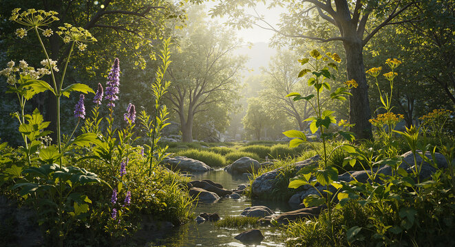 Serene forest landscape with creek, rocks, and wildflowers in sunlight  