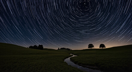 Star trails over a winding river with trees in a serene landscape  