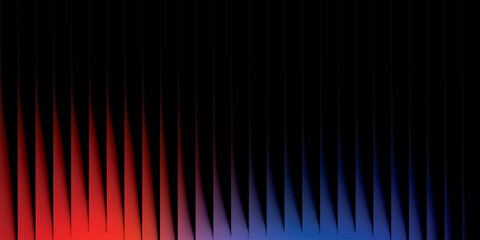 Neon ribbed fractal glass 3d background. Holographic vertical stripe pattern with vibrant purple blue yellow gradient. Abstract black bg, iridescent texture lines in radiant colors. 3D illustration