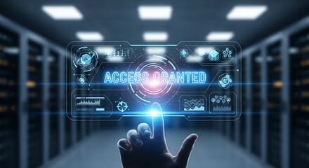 Access granted concept with digital security approval, authorized login, secure system access and cybersecurity authentication technology background
