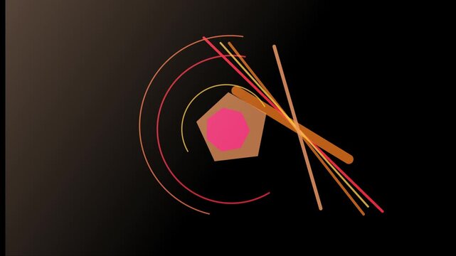 Abstract geometric composition featuring a vibrant pink heptagon, concentric circles, and intersecting lines against a dark gradient background