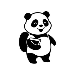 Obraz premium Cartoon panda standing with a backpack and holding a book, smiling, in a black and white illustration.