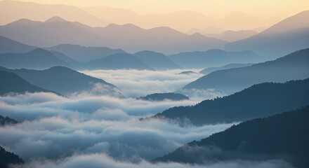 Misty mountain landscape with layers of fog at sunrise