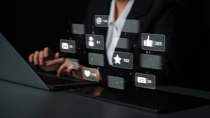 Social media engagement with interaction metrics showing comments, social media reactions, social media messages, and social media connections. Marrow