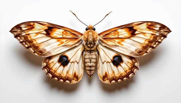 An intricately detailed butterfly with a brown and cream body and wings, poised against a white background.