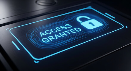Access granted concept with digital security approval, authorized login, secure system access and cybersecurity authentication technology background
