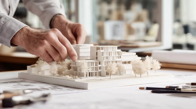 A professional architect is carefully adjusting a scale model of a modern building