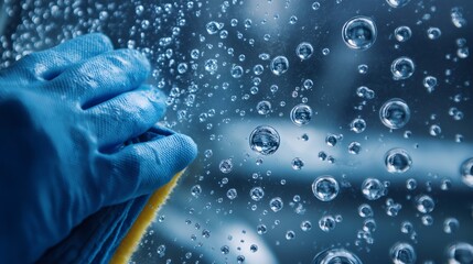 Droplets of water are vividly captured in a close-up view as a gloved hand wipes a surface. The focus highlights the intricate patterns of water against a blurred background