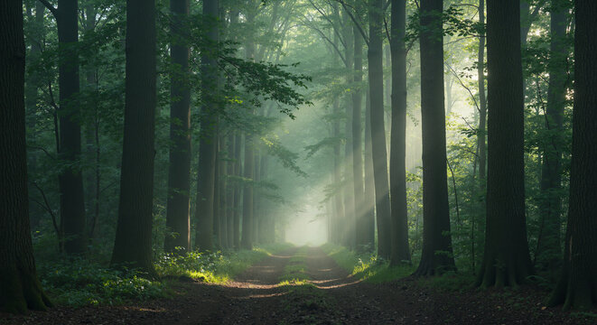 Mystical forest pathway with sunlight shining through trees  