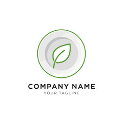 Minimalist Green Leaf on Plate Logo for Healthy Food Company.