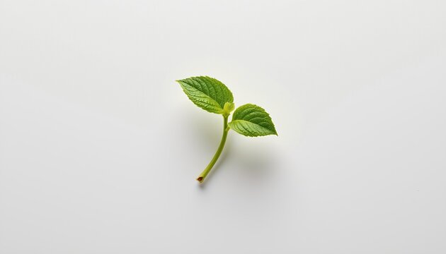 A single mint leaf resting on a light background. The fresh green hue of the leaf stands out against the neutral backdrop.